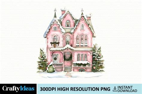 Pink Christmas House Watercolor Clipart Graphic By CraftyIdeas