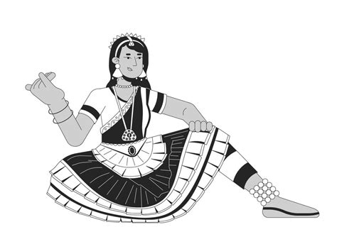 Woman Dancer Bharatanatyam On Deepavali Black And White Cartoon Flat Illustration Diwali Dancer