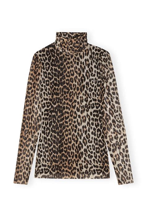 Leopard Leopard Printed Mesh Long Sleeve Rollneck Ganni