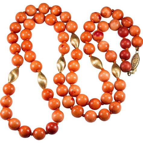 Vintage Natural Mediterranean Coral 30 14k Gold Beaded Necklace Strand