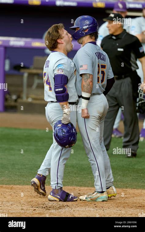 Lsu First Baseman Cade Beloso Celebrates With Lsu Catcher Hayden