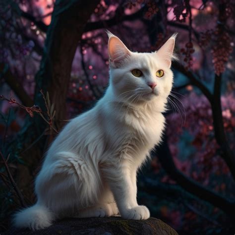 Un gato blanco se sienta en una roca frente a un árbol Vector Premium