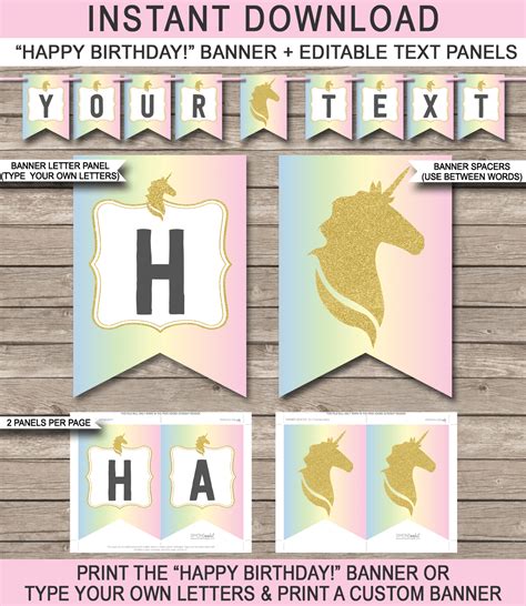 Unicorn Pennant Banner Template Unicorn Theme Happy Birthday