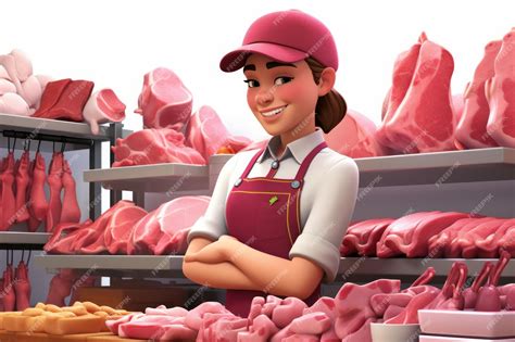 Premium Photo Cheerful Butcher Girl Standing With Arms Crossed In