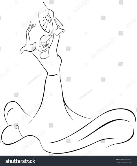 Flamenco Dancer With Fan Black Outline Illustration 131979551