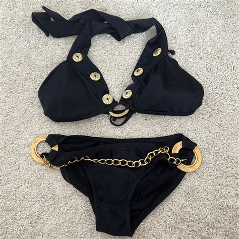 Venus Swim Black And Gold Bikini With Golden Silver Buttons And