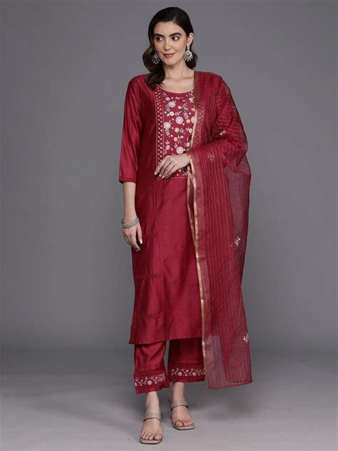 Viscose Rayon Indo Era Maroon Embroidered Straight Kurta Trousers With