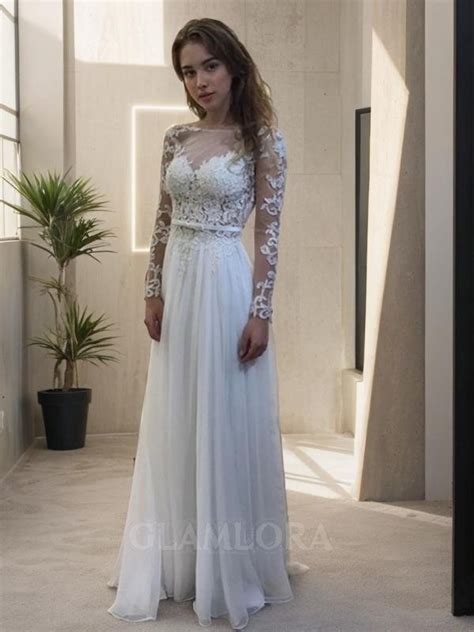 A Line Bateau Long Sleeves Floor Length Beautiful Chiffon Wedding Dress