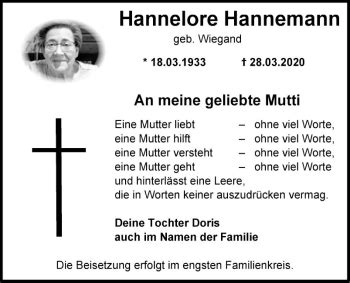 Traueranzeigen Von Hannelore Hannemann Trauerportal Ihrer Tageszeitung