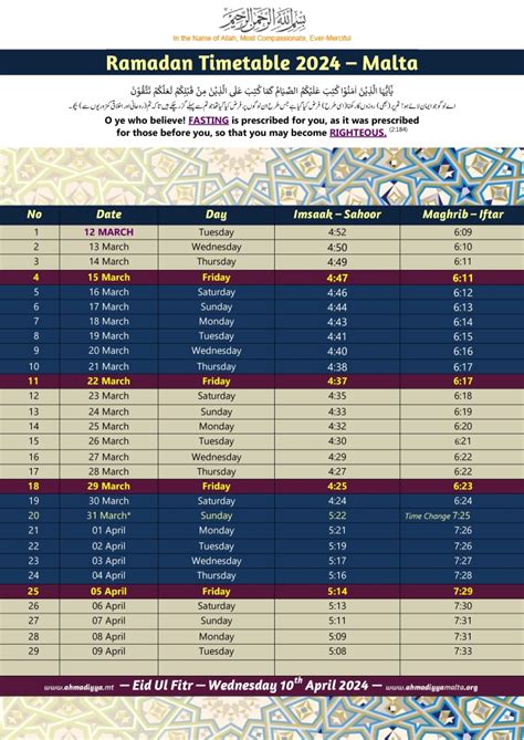 Ramadan Timetable Malta 2024 Ahmadiyya Muslim Jamaat Malta