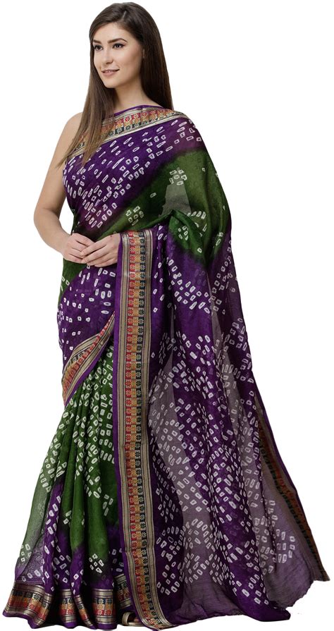 Forest Green And Violet Bandhani Sari From Rajasthan With Zari Weave On Border Exotic India Art