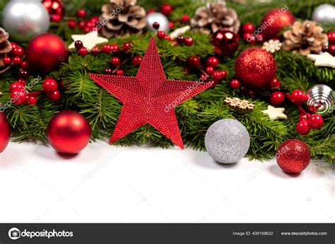 Christmas Border Frame Tree Branches White Background Copy Space ...