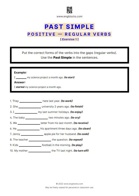 Past Simple — Positive — Regular Verbs — Exercise 1 Esl Worksheets