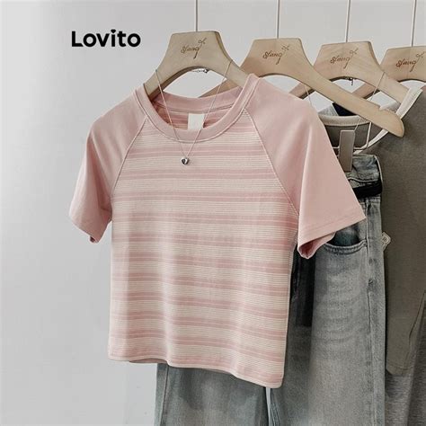 Lovito Women Casual Striped Colorblock Soft And Comfortable T Shirt