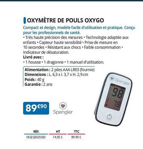 Promo Oxymètre De Pouls Oxygo Spengler chez Distri Club Médical