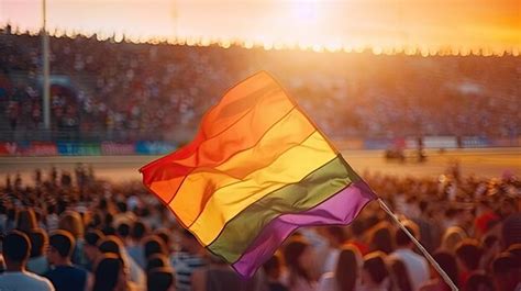 Premium AI Image Rainbow Gay Flag On The Background Of The Crowd Rainbow Gay Flag Generative Ai