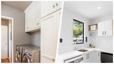 Laundry Room With White Cabinets And Subway Tile Backsplash Design