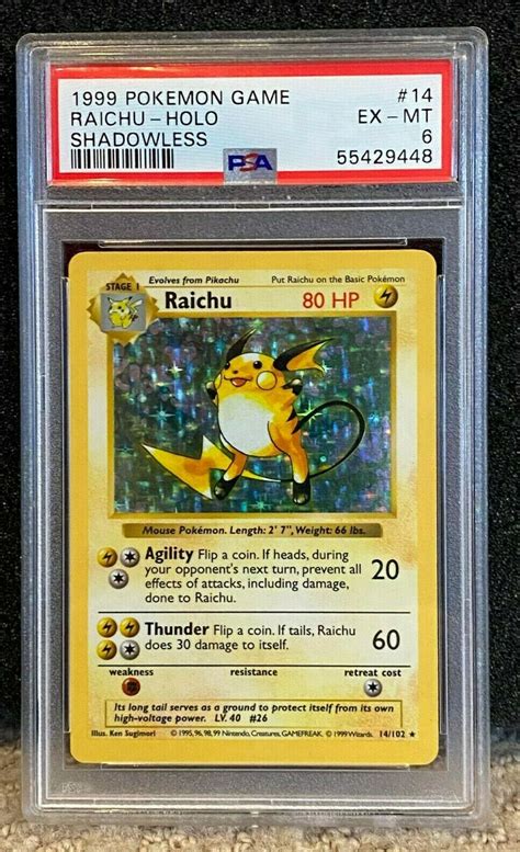 1999 Pokemon Base Set Shadowless Holo Raichu Psa 6 Wotc Values Mavin