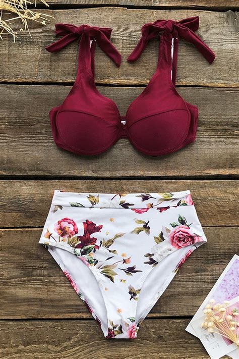 Romantic Red Floral High Waisted Bikini Bikinis Floral High Waisted