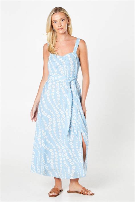 Blue Floral Ruched Front Strappy Midi Dress