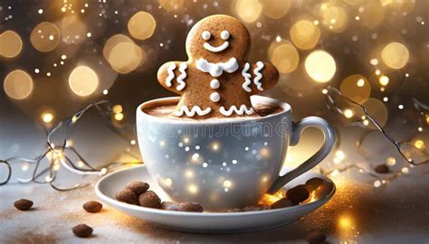 A Cute Gingerbread Man Sits In A Cup Of Hot Cocoa In A Christmas