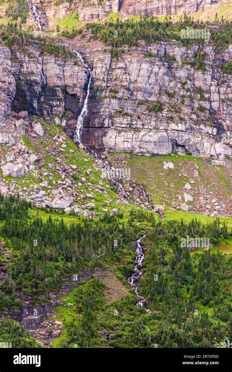 Waterfall Along The Side Of Going To The Sun Road In Glacier National Park In Montana Stock