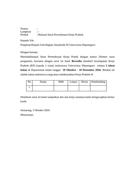 format surat balasan magang