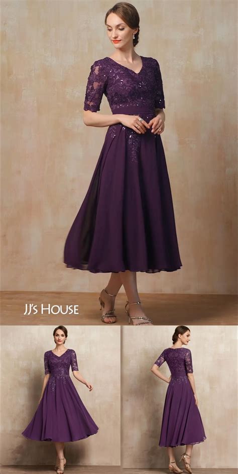 neck tea length chiffon lace mother   bride dress artofit
