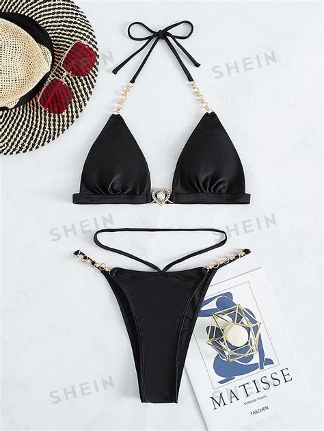 Summer Beach Fake Gem Decor Bikini Set Halter Micro Triangle Bra