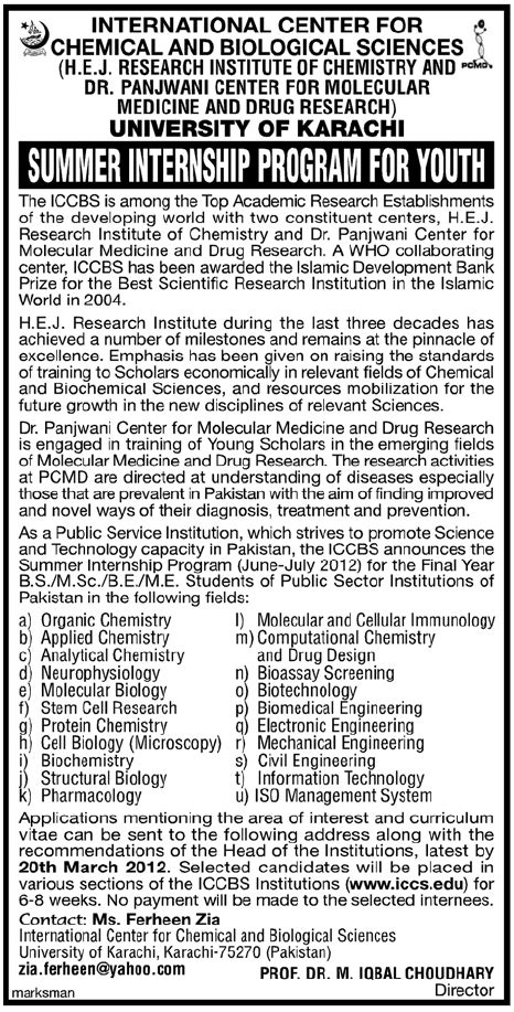 International Centre For Chemical And Biological Sciences Internship Opportunities In Karachi