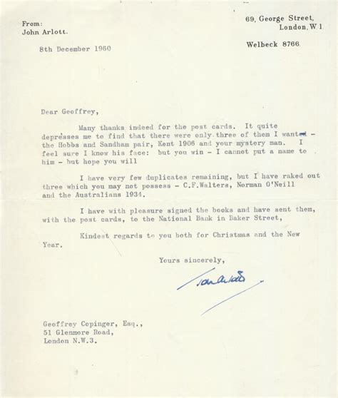 John Arlott 1960 Cricket Letter Cricket Autographs And Cricket Letters