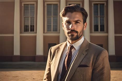 Portrait photo of a male teacher facing the camera in a vintage atmosphere and the school ...