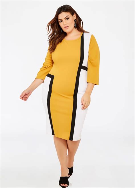 Plus Size Long Sleeve Tri Tone Color Block Sheath Dress Colorblock