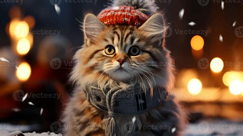 A small cat in a warm hat in winter under the snow with a blurred