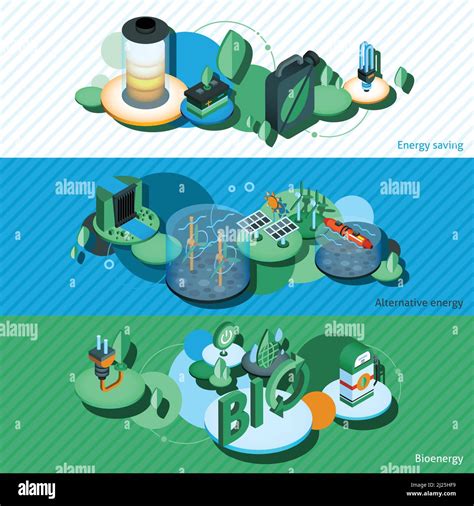 Banderas Horizontales De Energía Verde Con Elementos Isométricos Alternativos De Ahorro De