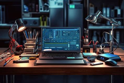 Premium AI Image | A laptop on a desk with a lamp that says'cyberpunk'on it