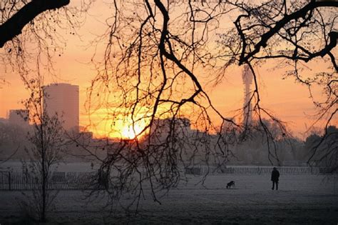 A Man Walks His Dog Through The Early Morning Frost In Regents Park