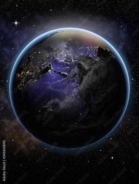 Planet earth in the night sky. Highly realistic illustration. Stock Vector | Adobe Stock