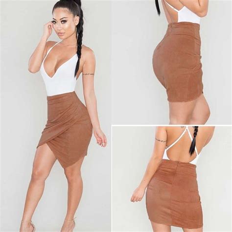 Women Ladies High Waisted Pencil Skirt Bodycon Suede Leather Mini Skirts Club High Waisted