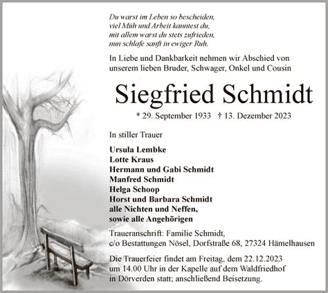 Traueranzeigen Von Siegfried Schmidt Trauer Kreiszeitung De