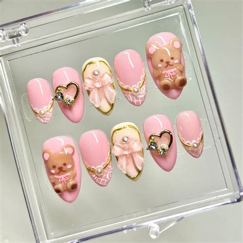 Pink Teddy Bear Press On Nails Valentines Day Nail Cute Pink 3d Nails