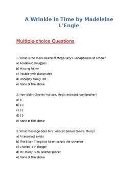 A Wrinkle In Time Multiple Choice Questions Test Quiz By Just Novels