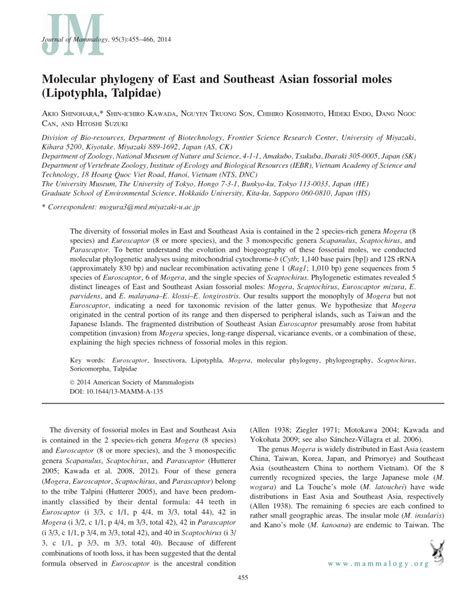 (PDF) Molecular phylogeny of East and Southeast Asian fossorial moles (Lipotyphla, Talpidae)