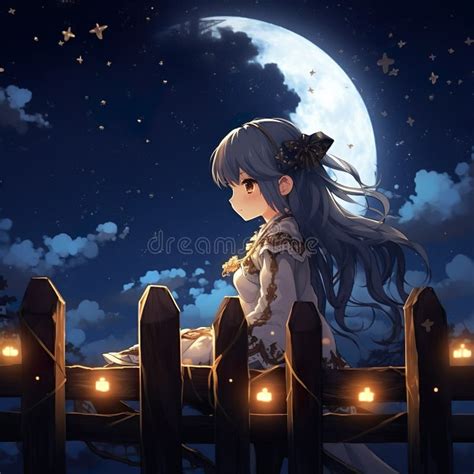 Cute Kawai Anime Character Illustration with Moon Behind Generative Ai Stock Illustration ...