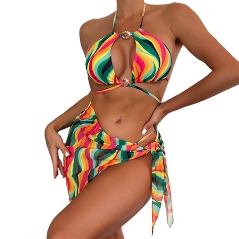 Qida Summer Black Bikini Sets For Women Printed Three Piece Lady