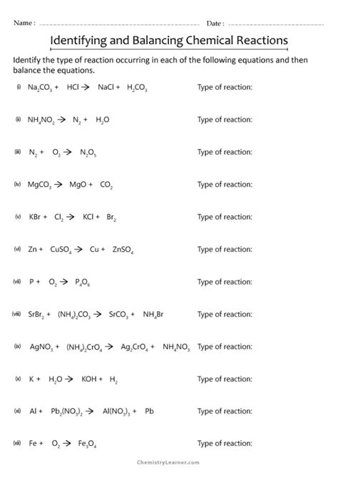 Free Printable Balancing And Classifying Chemical Equations Worksheets