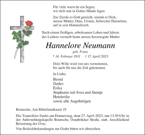 Traueranzeigen Von Hannelore Neumann Noz Trauerportal