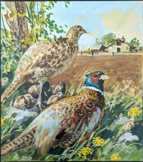 Vintage Oil Painting Of Pheasants At Edge Of Farm By Richard Etsy