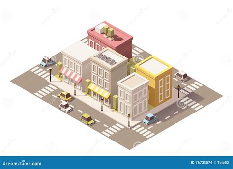 Vector Isometric Low Poly Town Street With Buildings Stock Vector