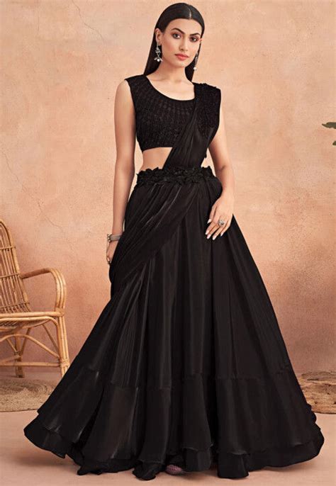 Buy Pre Stitched Art Silk Lehenga Style Saree In Black Online